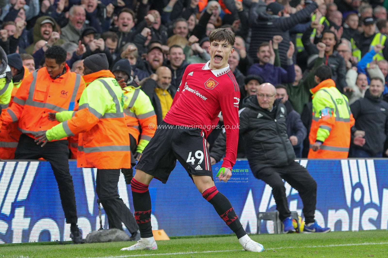Alejandro Garnacho #49 of Manchester United celebrates his goal to make it 0-2 during the Premier League match Leeds United vs Manchester United at Elland Road, Leeds, United Kingdom, 12th February 2023

(Photo by James Heaton/News Images)