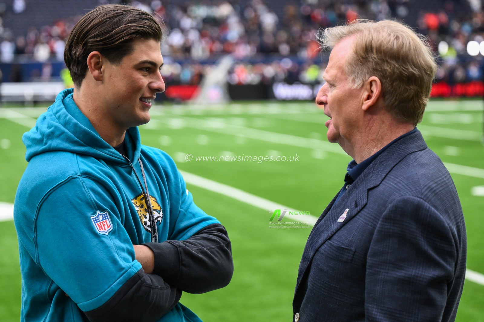 NFL Commissioner Roger Goodell chats to Louis Rees-Zammit of the Jacksonville Jaguars ahead of the Week 6 match Chicago Bears vs Jacksonville Jaguars at Tottenham Hotspur Stadium, London, United Kingdom, 13th October 2024

(Photo by Craig Thomas/News Images)