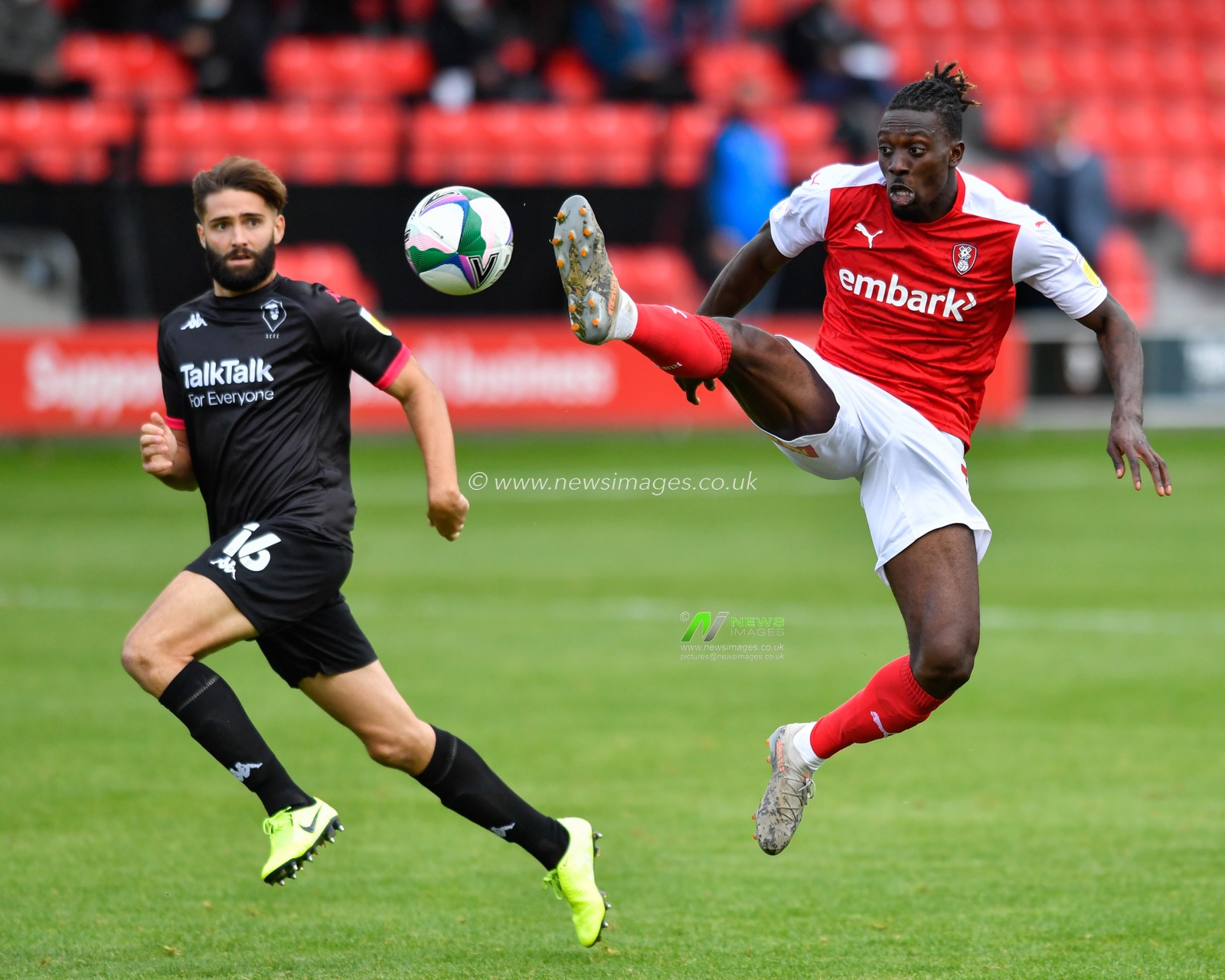 Olayinka Fredrick Oladotun Ladapo (10) of Rotherham United attempts to control the ball in mid air