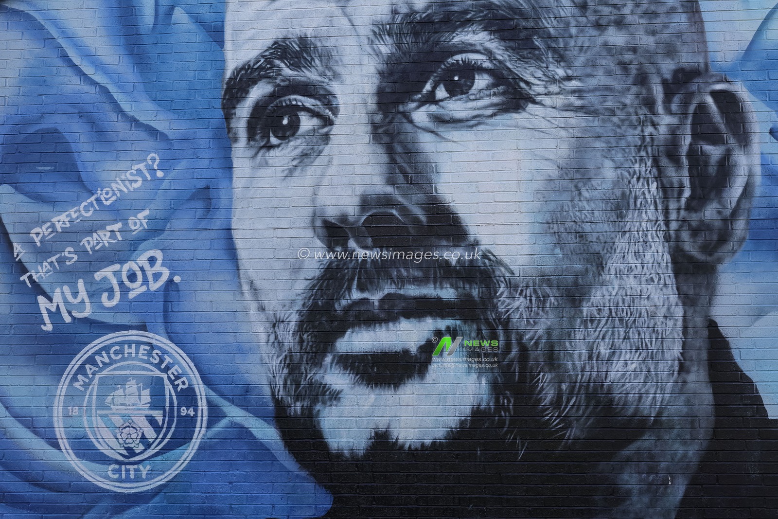 Pep Guardiola manager of Manchester City mural over the road from the Etihad Stadium during the Premier League match Manchester City vs Nottingham Forest at Etihad Stadium, Manchester, United Kingdom on 04 March 2026

(Photo by Mark Cosgrove/News Images)