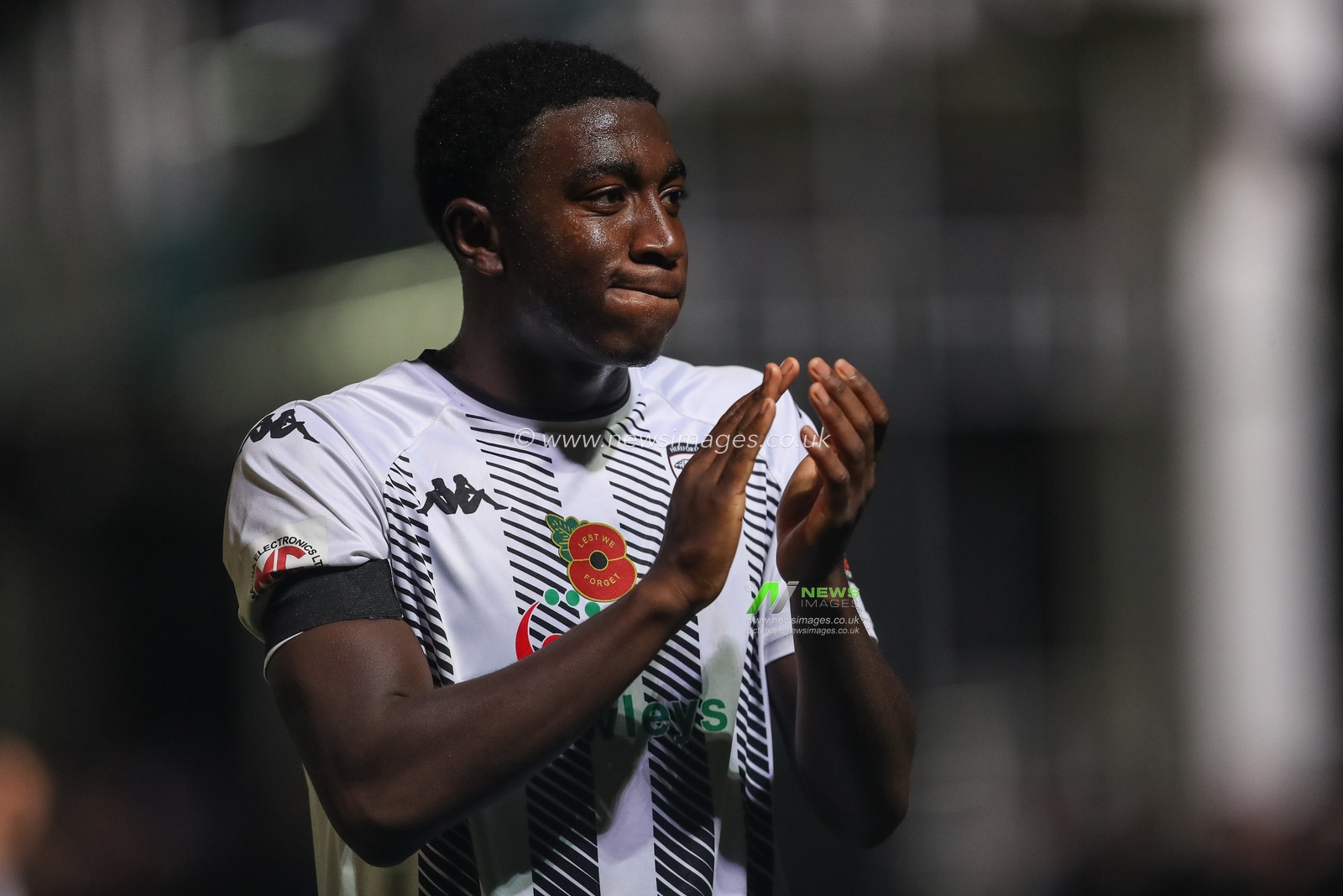 Jethro Hanson #15 of Hereford applauds the home fans after the Emirates FA Cup First Round match Hereford FC vs Portsmouth at Edgar Street, Hereford, United Kingdom, 4th November 2022

(Photo by Gareth Evans/News Images)