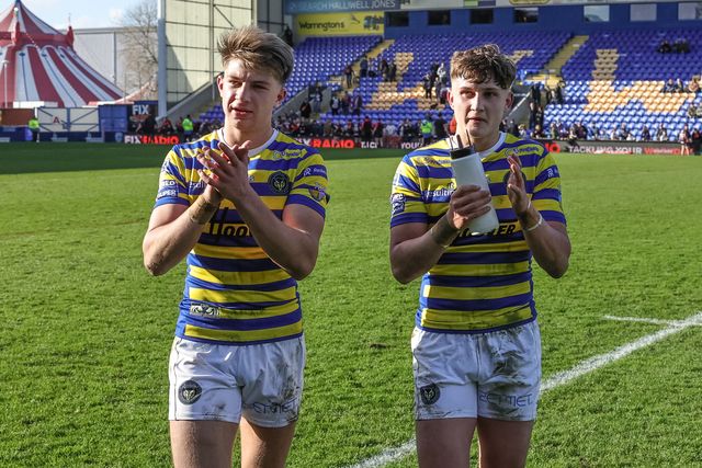 Ewan Irwin of Warrington Wolves and Lachlan Webster of Warrington Wolves applauds the fans during the Betfred Challenge Cup round 4 match Goole Vikings vs Warrington Wolves at The Halliwell Jones Stadium, Warrington, United Kingdom on 14 March 2026

(Photo by Mark Cosgrove/News Images)