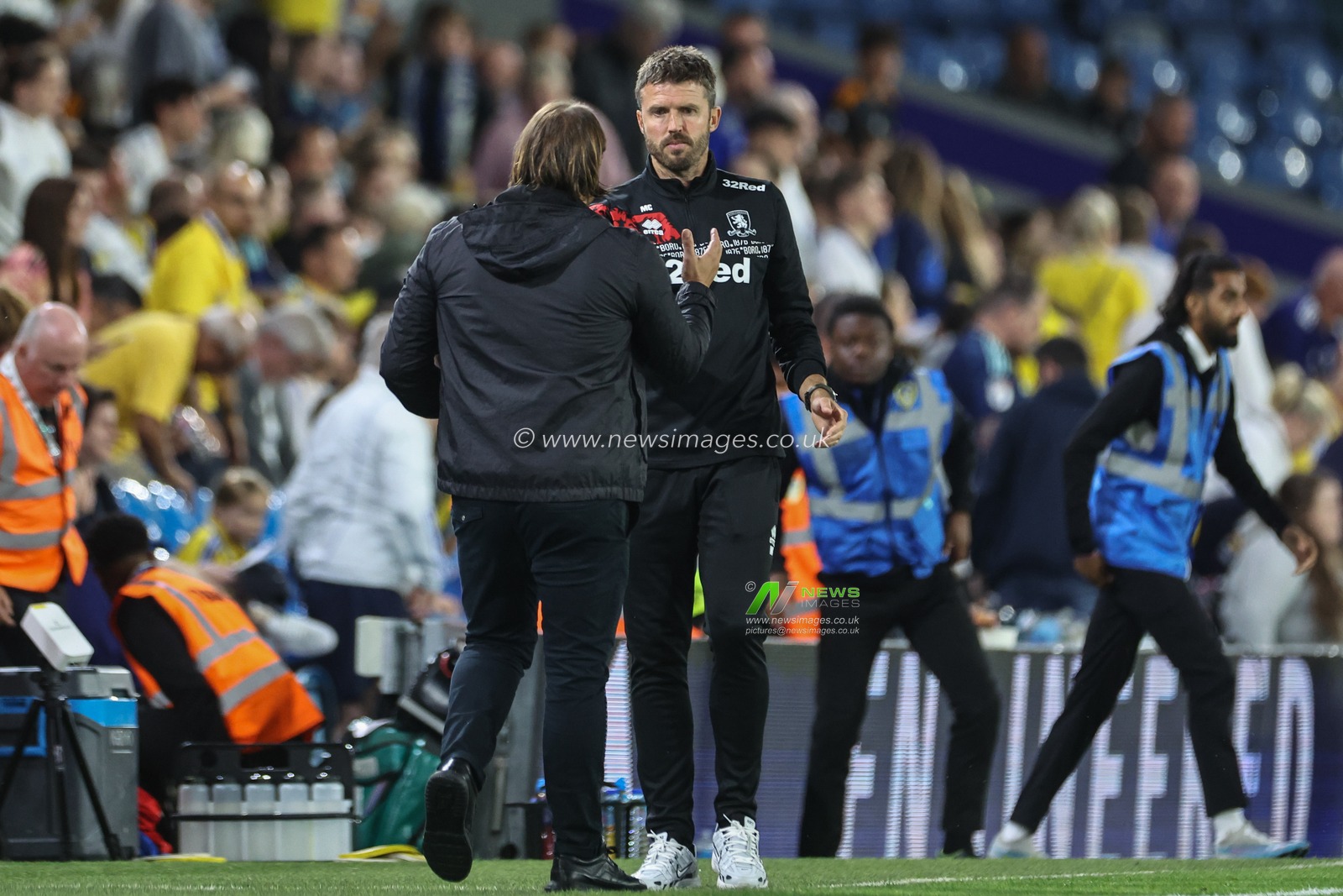 Daniel Farke manager of Leeds United shakes hands with Michael Carrick manager of Middlesbrough at the end of the game during the Carabao Cup match Leeds United vs Middlesbrough at Elland Road, Leeds, United Kingdom, 14th August 2024

(Photo by Mark Cosgrove/News Images)