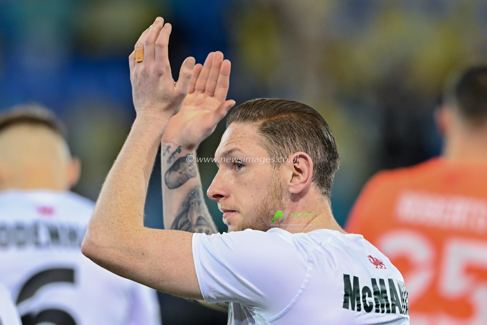 Declan McManus of The New Saints applauds fans ahead of the UEFA Conference League match The New Saints vs Astana at New Meadow, Shrewsbury, United Kingdom, 24th October 2024

(Photo by Cody Froggatt/News Images)