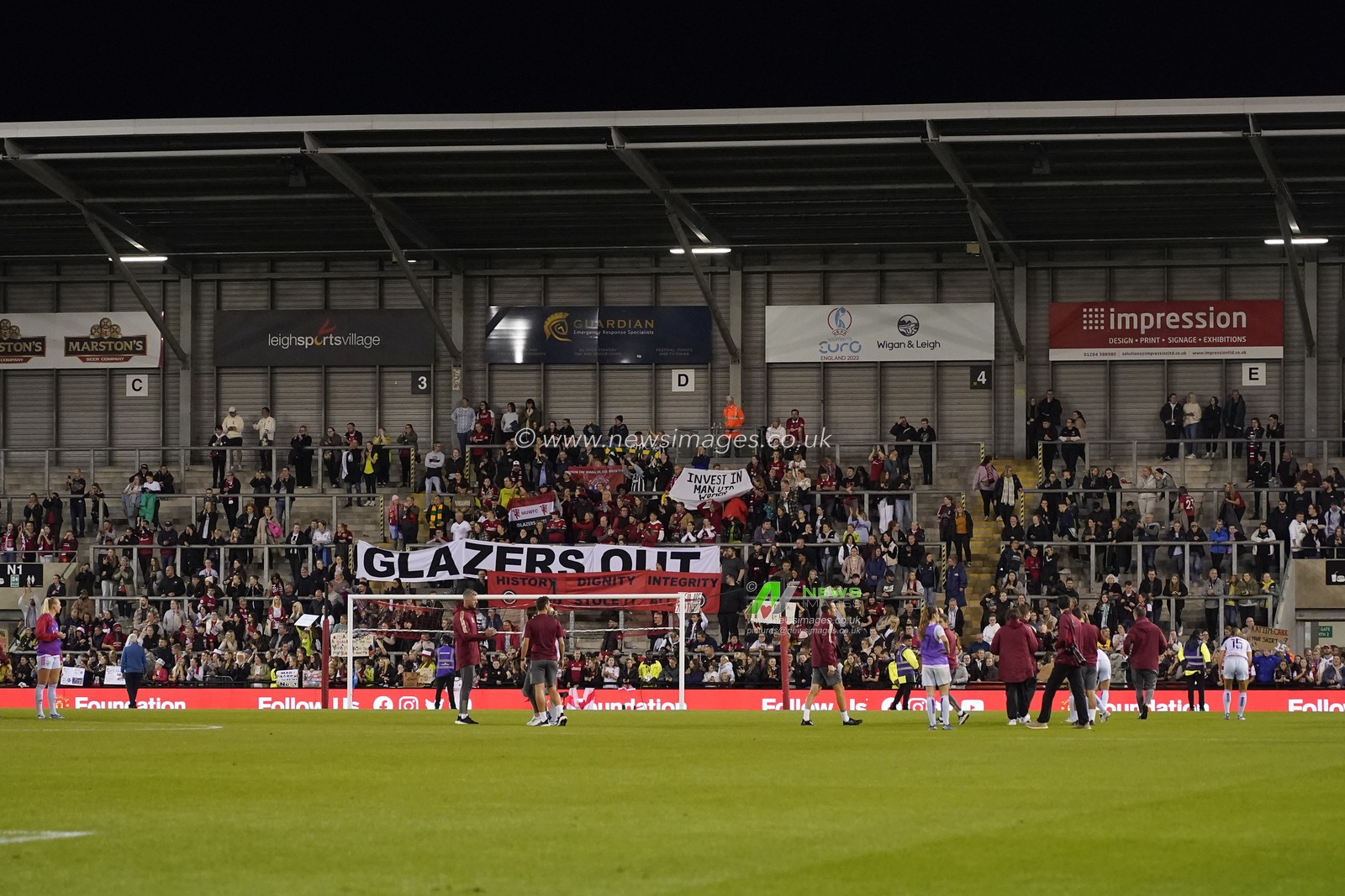 Many Manchester United Women fans stayed behind after the match to protects against the Glazers ownership of the club during the The FA Women's Super League match Manchester United Women vs Arsenal Women at Leigh Sports Village, Leigh, United Kingdom, 6th October 2023

(Photo by Steve Flynn/News Images)