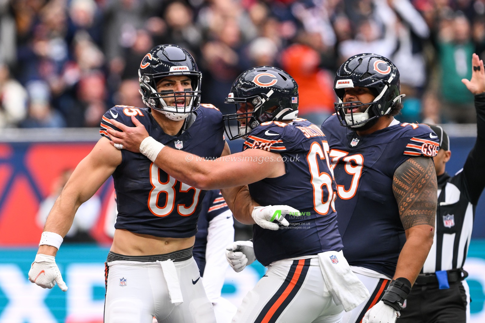 Cole Kmet of the Chicago Bears celebrates scoring a touchdown during the Week 6 match Chicago Bears vs Jacksonville Jaguars at Tottenham Hotspur Stadium, London, United Kingdom, 13th October 2024

(Photo by Craig Thomas/News Images)