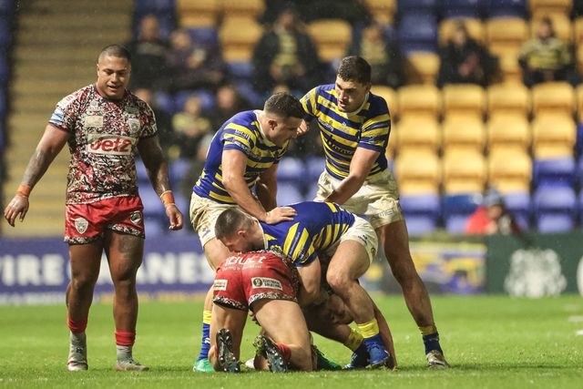 George Williams of Warrington Wolves and Arron Lindop of Warrington Wolves in action during the Pre Season match Warrington Wolves vs Leigh Leopards at Halliwell Jones Stadium, Warrington, United Kingdom, 30th January 2026

(Photo by Mark Cosgrove/News Images)