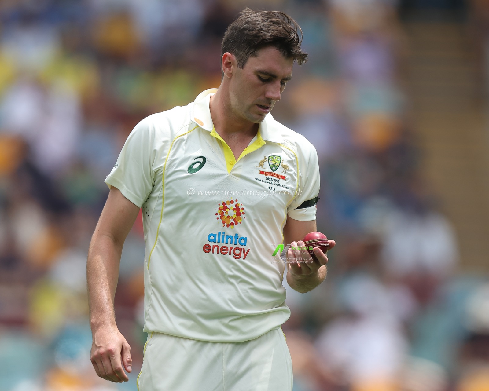 Pat Cummins of Australia looks on during the NRMA Insurance test Series match Australia vs South Africa at The Gabba, Brisbane Cricket Ground, Brisbane, Australia, 17th December 2022

(Photo by Patrick Hoelscher/News Images)
