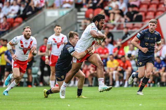 Agnatius Paasi of St. Helens breaks with the ball during the Betfred Super League round 16 match St Helens vs Salford Red Devils at Totally Wicked Stadium, St Helens, United Kingdom, 29th June 2025

(Photo by Alfie Cosgrove/News Images)