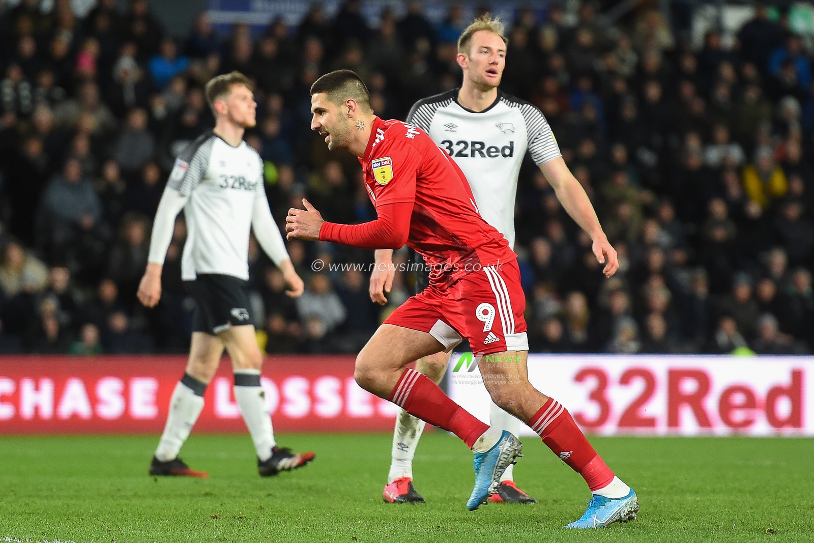 21st February 2020, Pride Park Stadium, Derby, England; Sky Bet Championship, Derby County v Fulham : Aleksandar Mitrovic (9) of Fulham celebrates after scoring a goal to make it 1-1