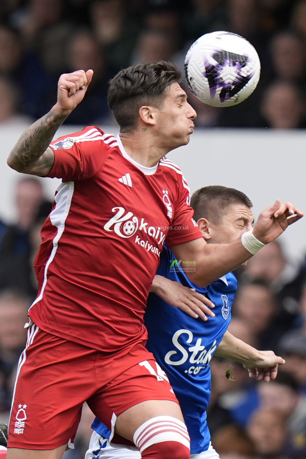 NicolÃ¡s DomÃ­nguez of Nottingham Forest wins a header during the Premier League match Everton vs Nottingham Forest at Goodison Park, Liverpool, United Kingdom, 21st April 2024

(Photo by Steve Flynn/News Images)
