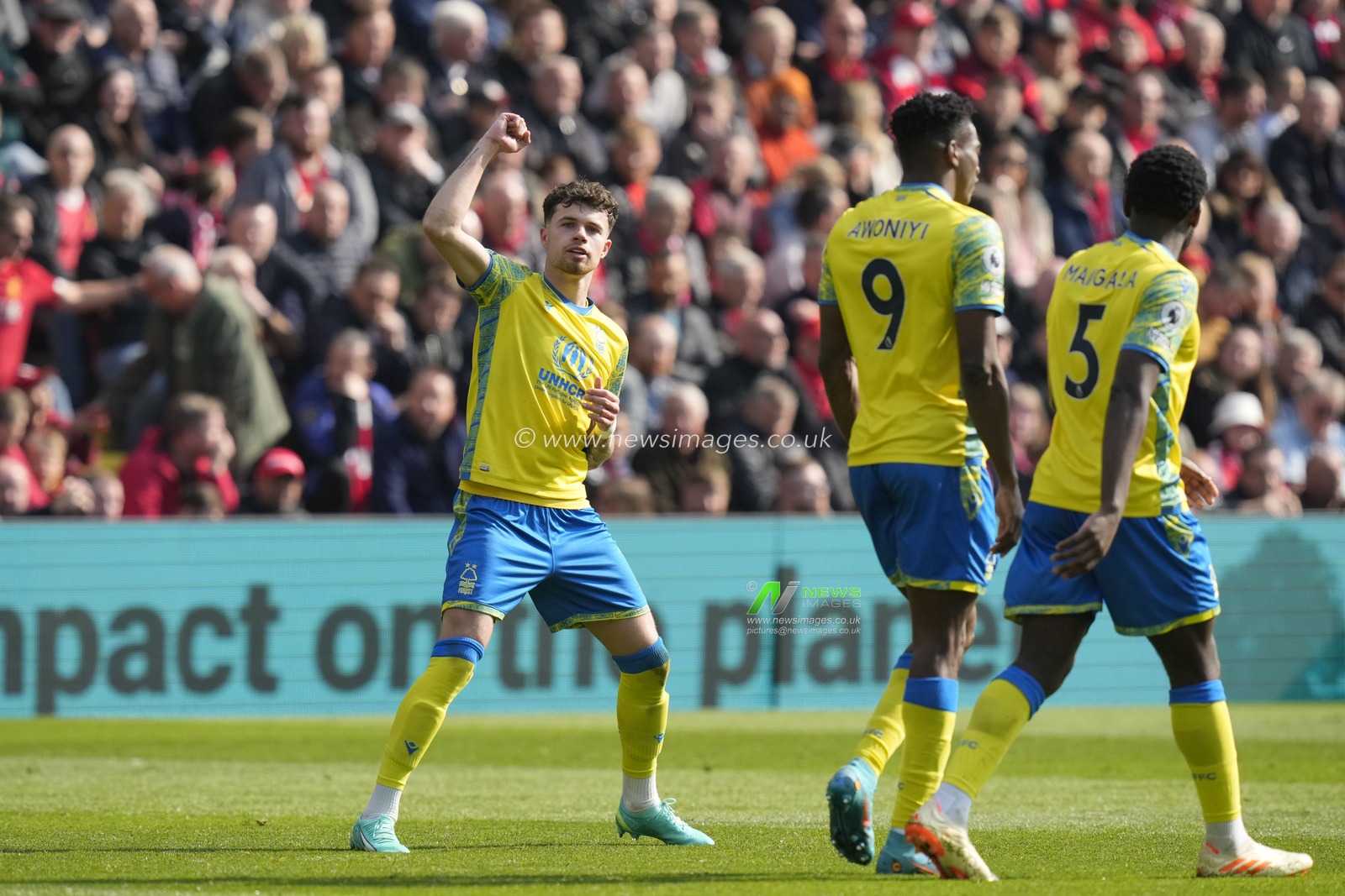 Neco Williams #7 of Nottingham Forest celebrates after making it 1-1 during the Premier League match Liverpool vs Nottingham Forest at Anfield, Liverpool, United Kingdom, 22nd April 2023

(Photo by Steve Flynn/News Images)