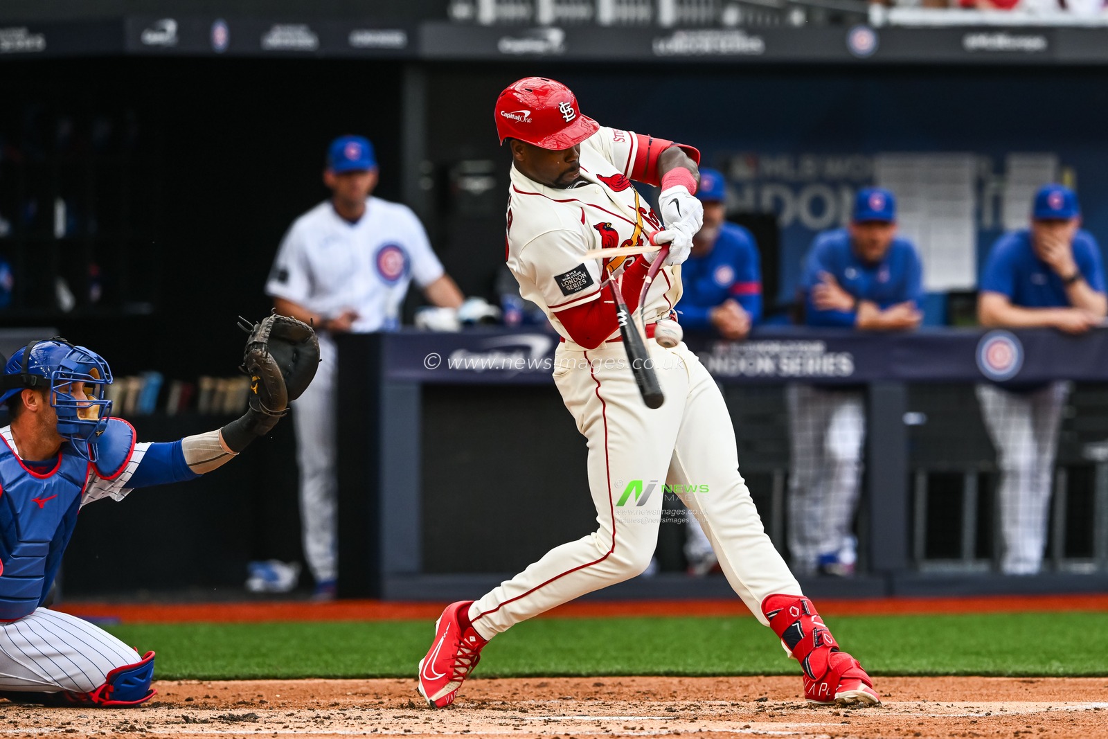 Jordan Walker #18 of the St. Louis Cardinals breaks a bat on a pitch from Justin Steele #35 of the Chicago Cubs during the 2023 MLB London Series match St. Louis Cardinals vs Chicago Cubs at London Stadium, London, United Kingdom, 24th June 2023

(Photo by Craig Thomas/News Images)