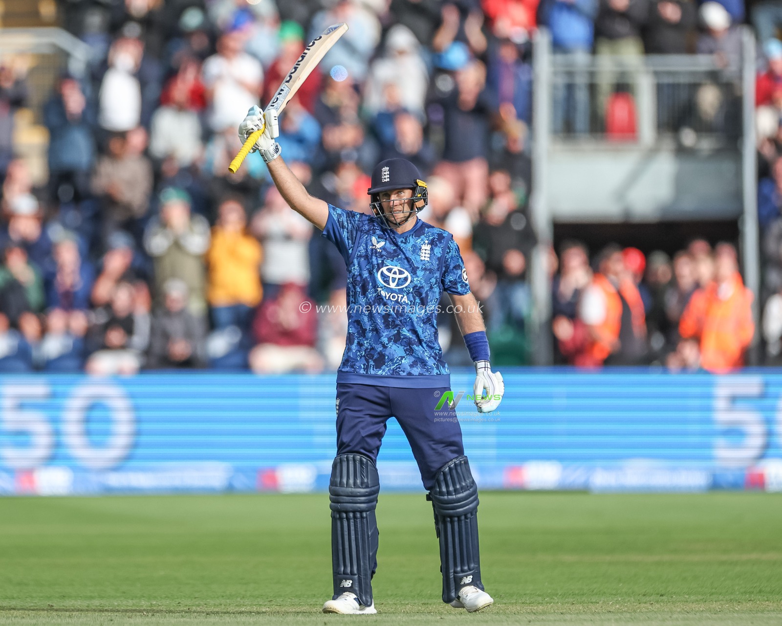 Joe Root of England celebrates his century and half (150 runs) during the 2nd Metro Bank ODI England v West Indies at Sophia Gardens Cricket Ground, Cardiff, United Kingdom, 1st June 2025

(Photo by Mark Cosgrove/News Images)