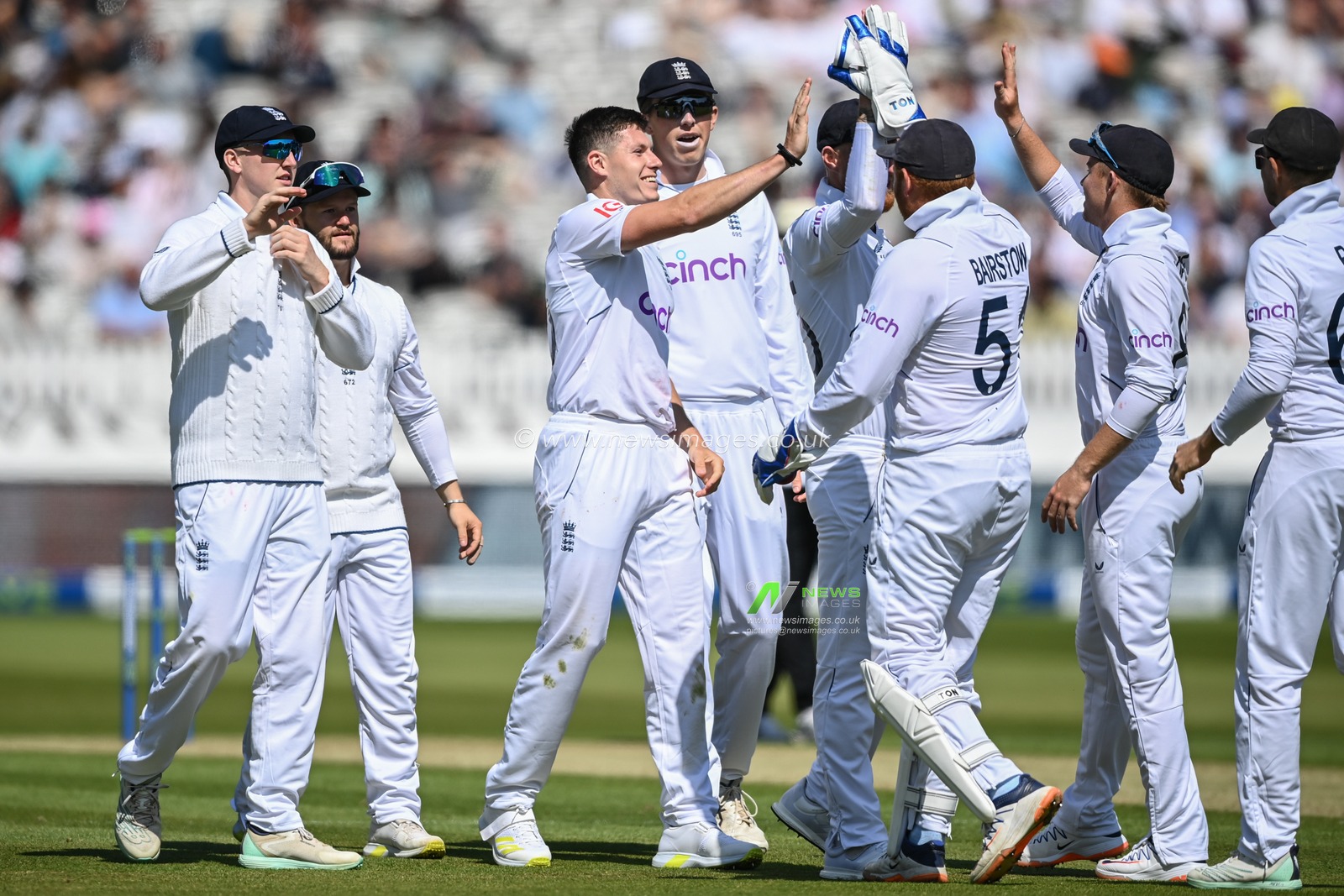 Matthew Potts of England  celebrates the wicket of Andy McBrine of Ireland caught by Jonny Bairstow of England during the LV= Insurance day one Test match England vs Ireland at Lords, London, United Kingdom, 1st June 2023

(Photo by Craig Thomas/News Images)