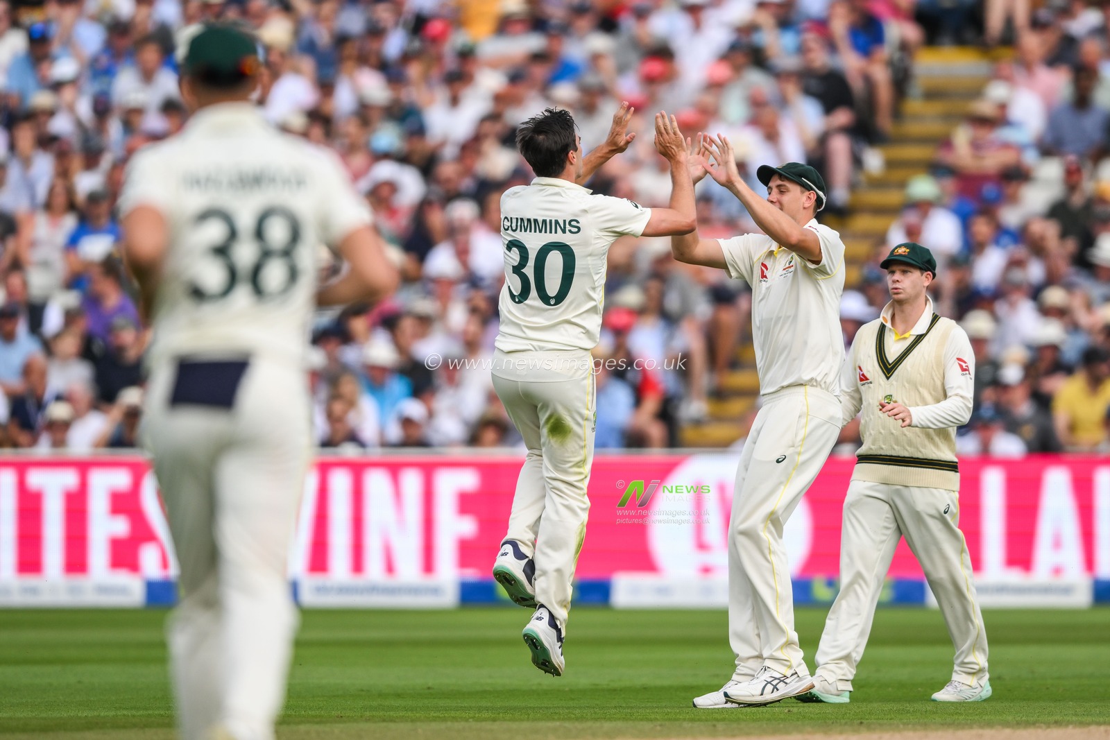 Pat Cummings of Australia celebrates taking the wicket of Ollie Pope of England during the LV= Insurance Ashes Test Series Day 4 match England vs Australia at Edgbaston, Birmingham, United Kingdom, 19th June 2023

(Photo by Craig Thomas/News Images)