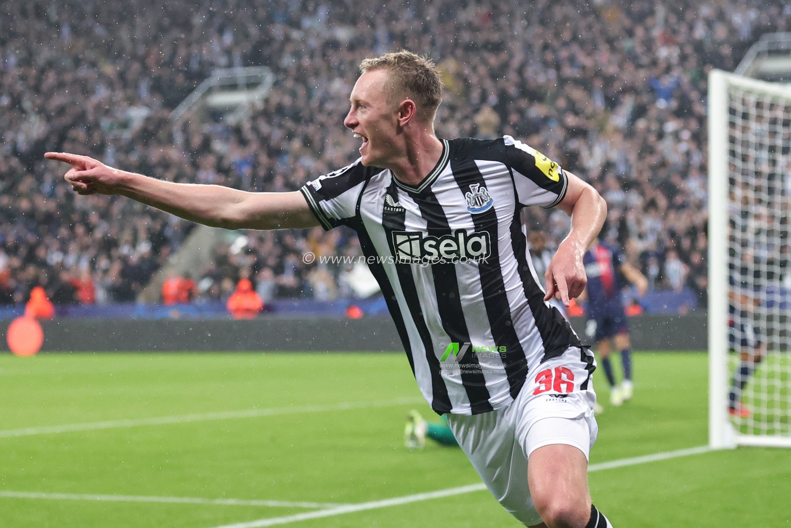 Sean Longstaff #36 of Newcastle United celebrates his goal to make it 3-0 during the UEFA Champions League match Newcastle United vs Paris Saint-Germain at St. James's Park, Newcastle, United Kingdom, 4th October 2023

(Photo by Mark Cosgrove/News Images)