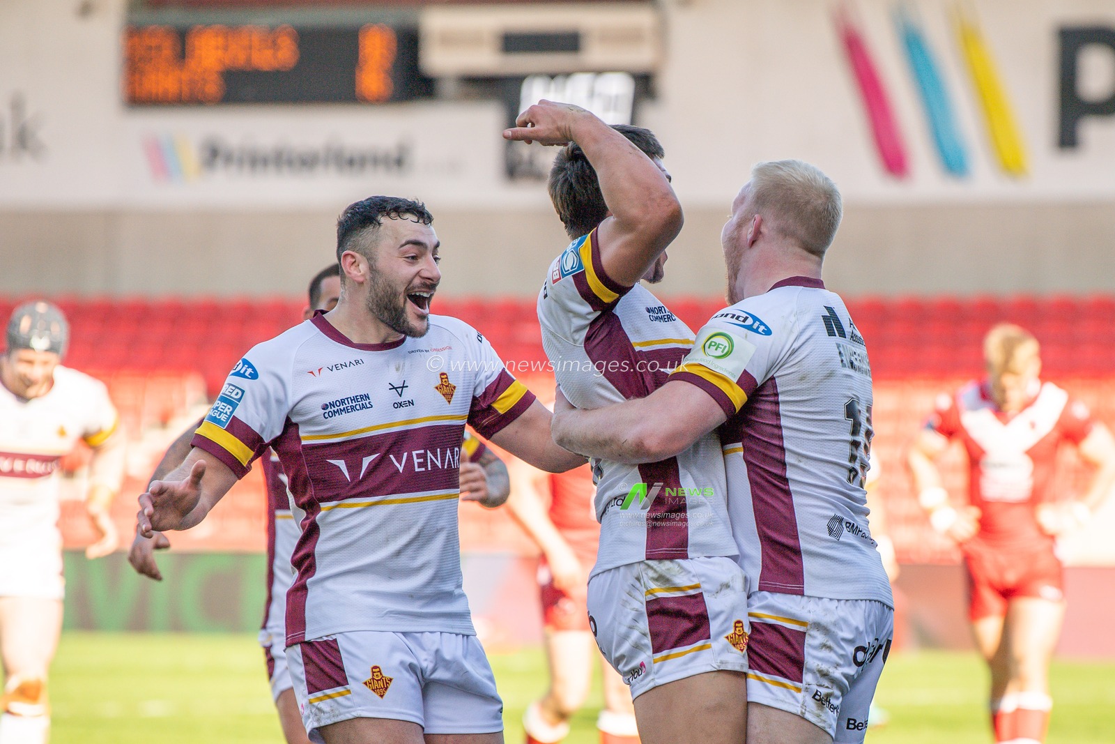 Owen Trout #17 of Huddersfield Giants celebrates his try during the Betfred Super League Round 7 match Salford Red Devils vs Huddersfield Giants at AJ Bell Stadium, Eccles, United Kingdom, 2nd April 2023

(Photo by Craig Thomas/News Images)