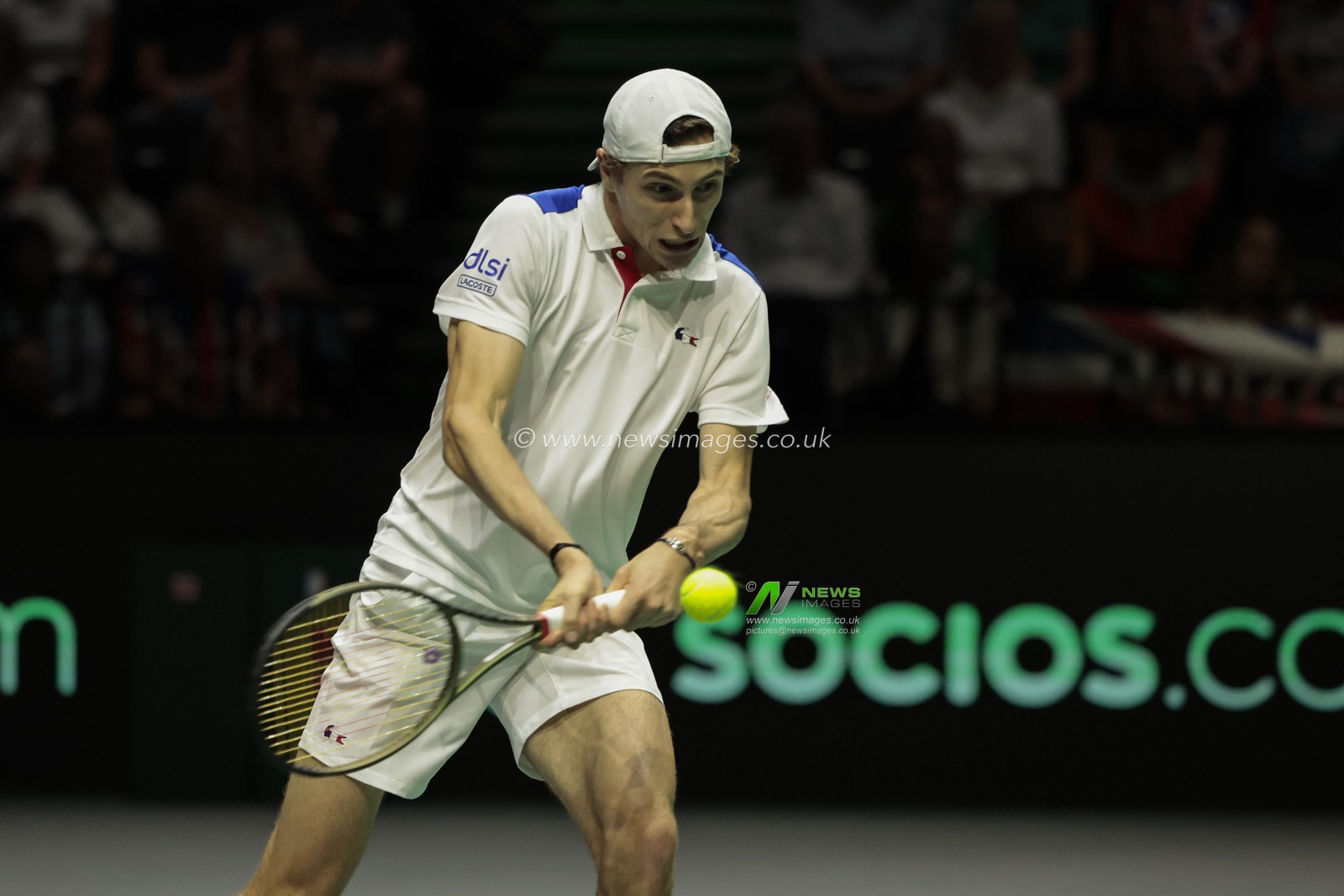 Ugo Humbert (FRA) in action in his match against Cameron Norrie (GBR) during the Davis Cup match Great Britain vs France at Manchester AO Arena, Manchester, United Kingdom, 17th September 2023

(Photo by Conor Molloy/News Images)