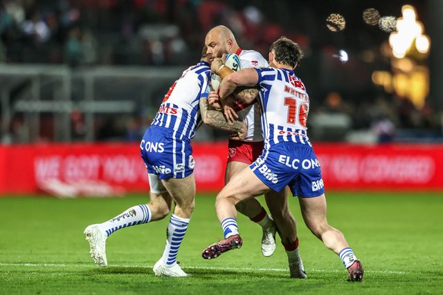 Sam Luckley of Hull KR is tackled by Matt Whitley of St Helens during the Betfred Super League round 6 match Hull KR vs St Helens at Sewell Group Craven Park, Hull, United Kingdom on 27 March 2026

(Photo by Alfie Cosgrove/News Images)