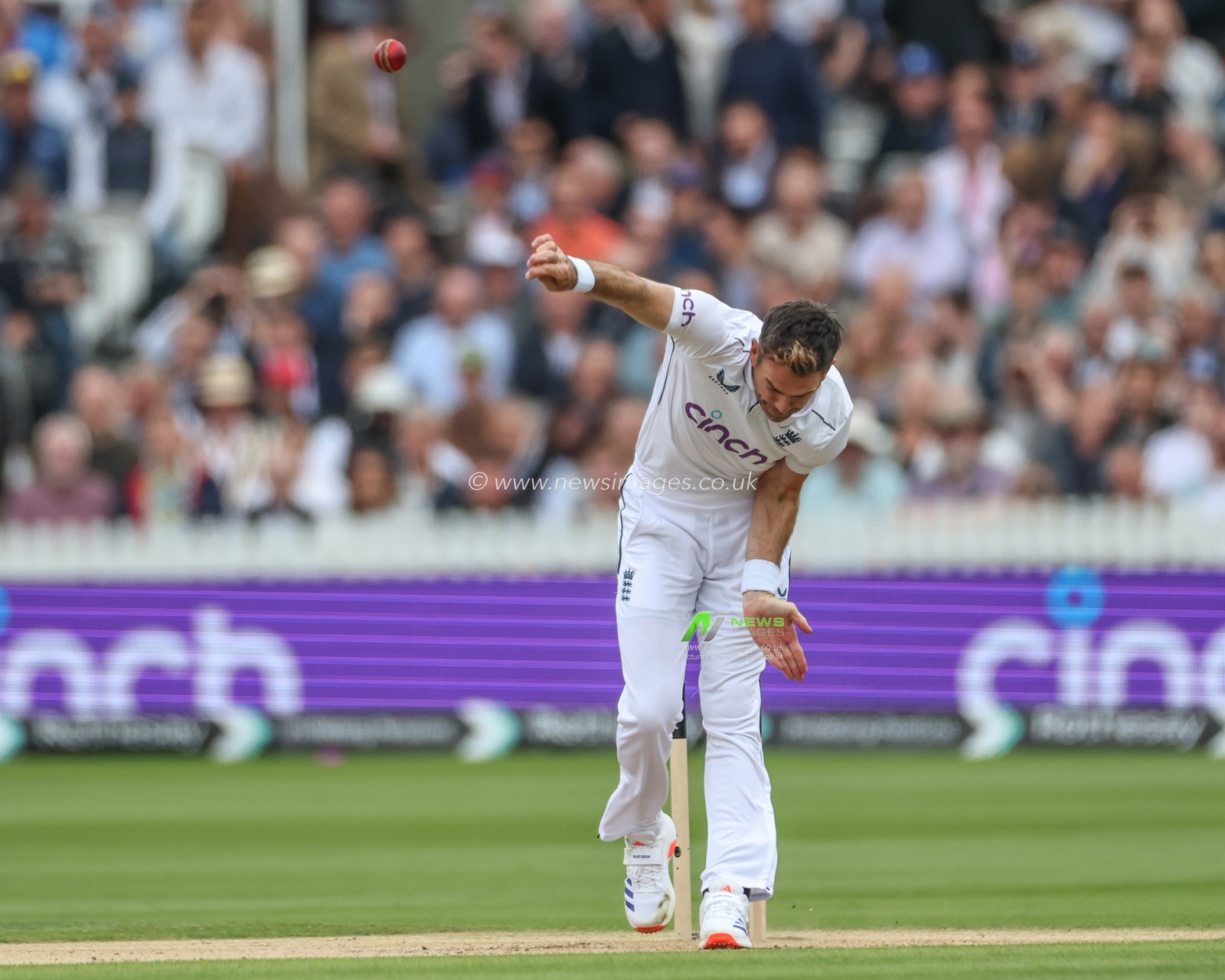 James Anderson of England delivers the ball that takes out Joshua Da Silva of West Indies during the Rothesay First Test Match Day Three England v West Indies at Lords, London, United Kingdom, 12th July 2024

(Photo by Mark Cosgrove/News Images)