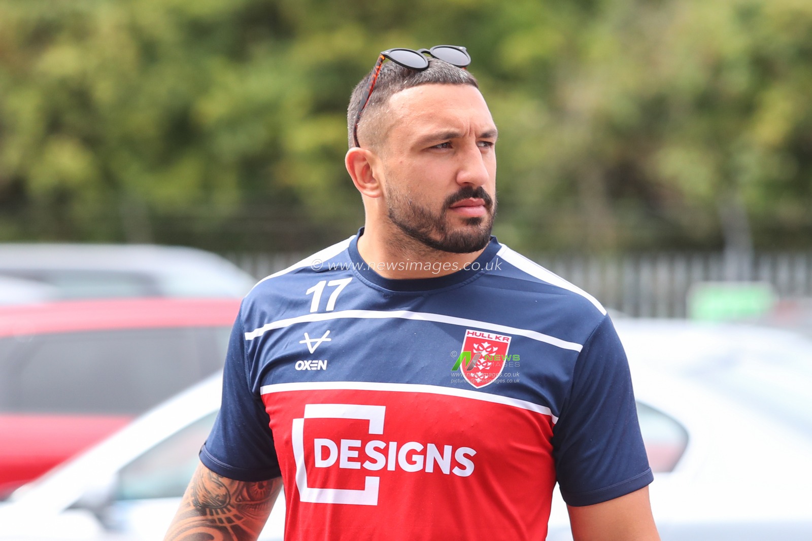 Elliot Minchella #17 of Hull KR arrives at Sewell Group Craven Park Stadium