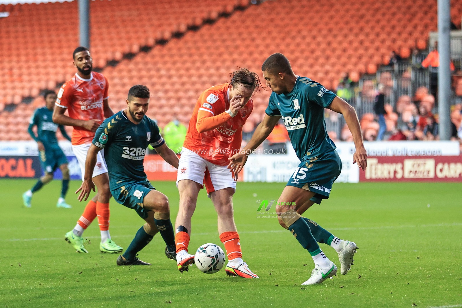 Josh Bowler #11 of Blackpool shoots on goal