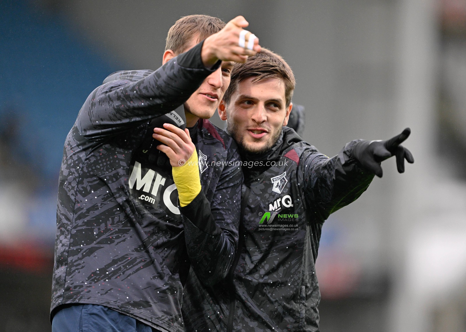 Mileta RajoviÄ‡ 9# of Watford Football Club and Giorgi Chakvetadze 16# of Watford Football Club share a joke during the warm ups, during the Sky Bet Championship match Blackburn Rovers vs Watford at Ewood Park, Blackburn, United Kingdom, 23rd December 2023

(Photo by Cody Froggatt/News Images)