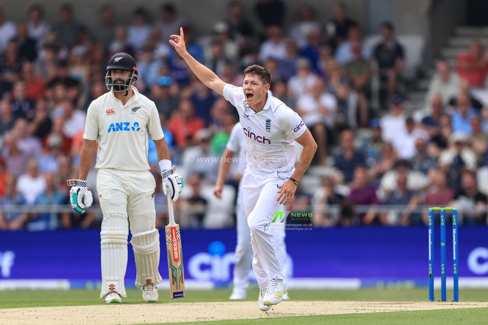 Matthew Potts of England celebrates taking Tom Blundell of New Zealandâ€™s wicket