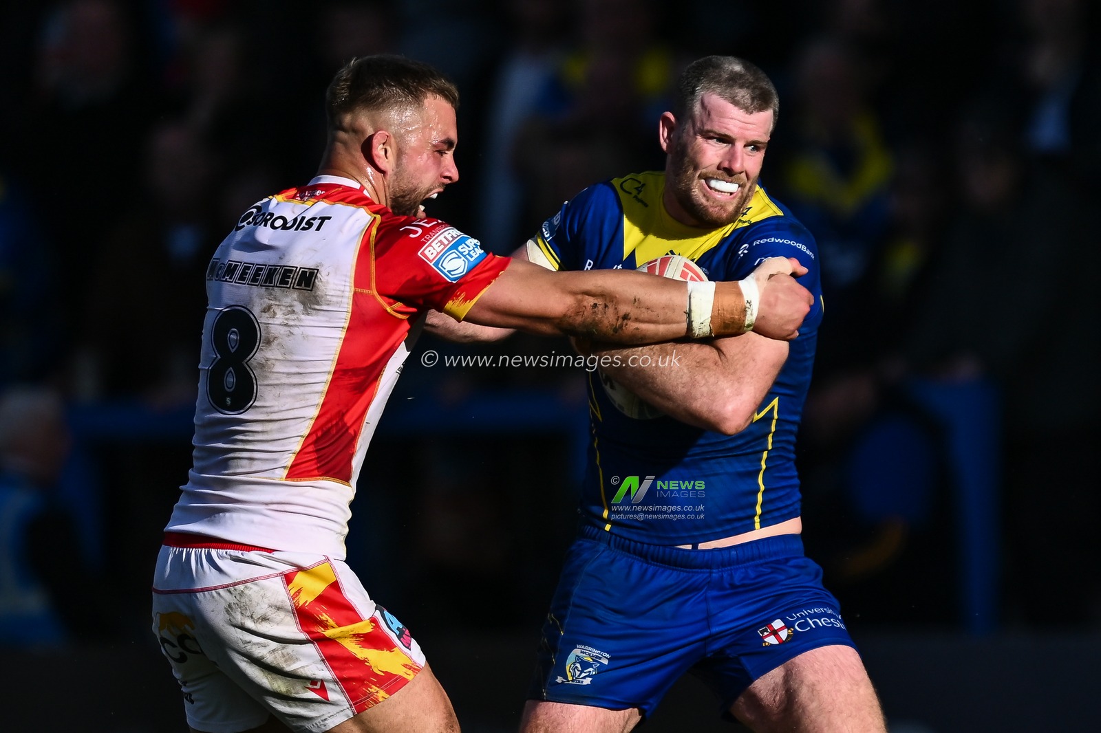 Lachlan Fitzgibbon of Warrington Wolves breaks free from the tackle of Ugo Tison of Catalan Dragons and Mike McMeeken of Catalan Dragons during the Betfred Super League match Warrington Wolves vs Catalans Dragons at Halliwell Jones Stadium, Warrington, United Kingdom, 30th March 2024

(Photo by Craig Thomas/News Images)