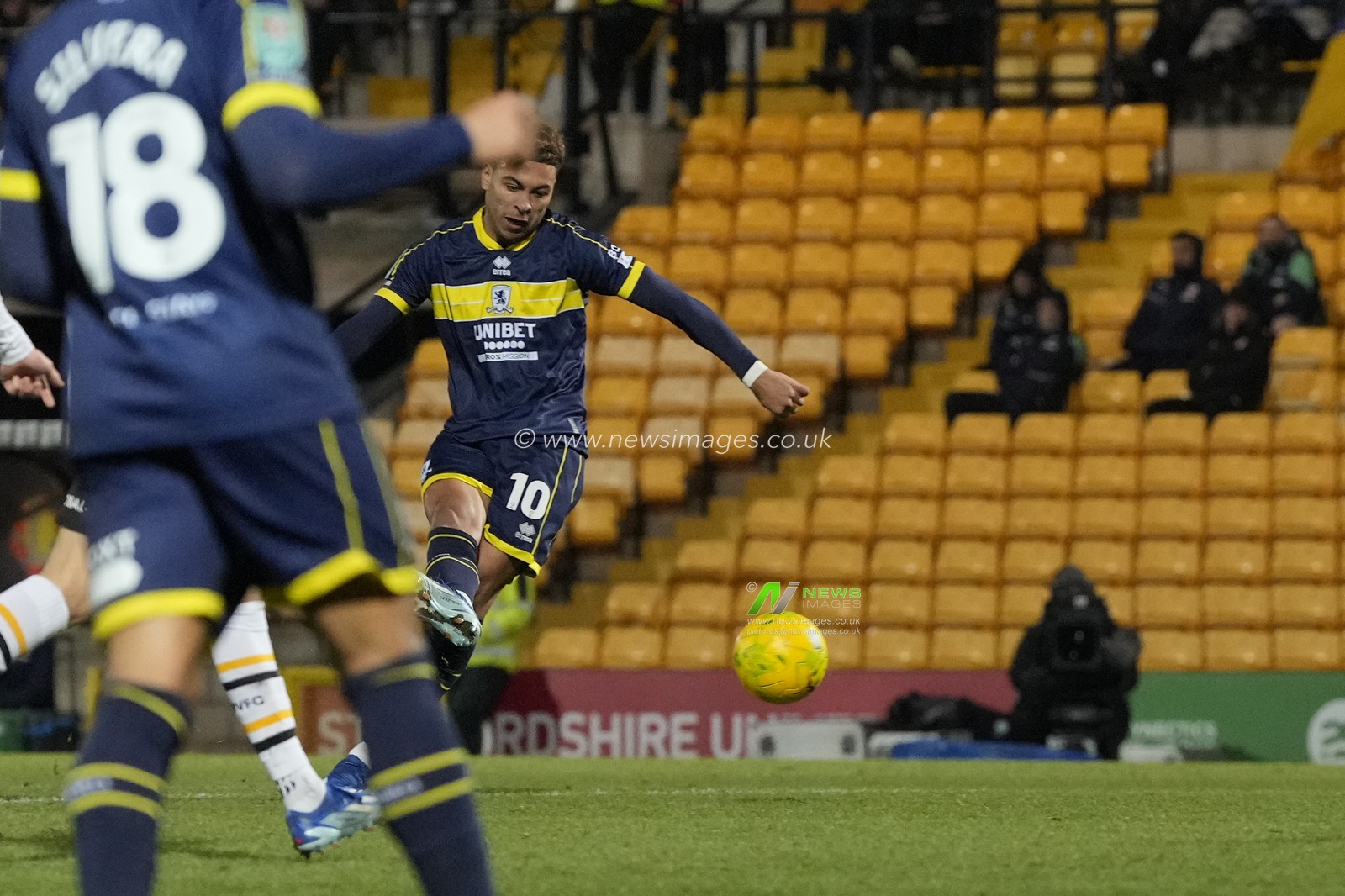 Morgan Rogers #10 of Middlesbrough scores a goal to make it 0-2 during the Carabao Cup Quarter Final match Port Vale vs Middlesbrough at Vale Park, Burslem, United Kingdom, 19th December 2023

(Photo by Steve Flynn/News Images)