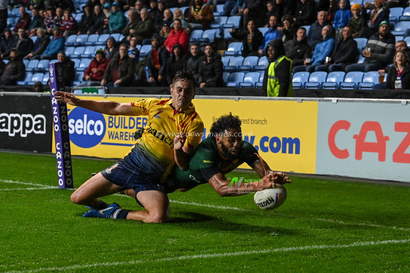 Josh Addo-Carr of Australia goes over for a try during the Rugby League World Cup 2021 match Australia vs Scotland at Coventry Building Society Arena, Coventry, United Kingdom, 21st October 2022

(Photo by Craig Thomas/News Images)