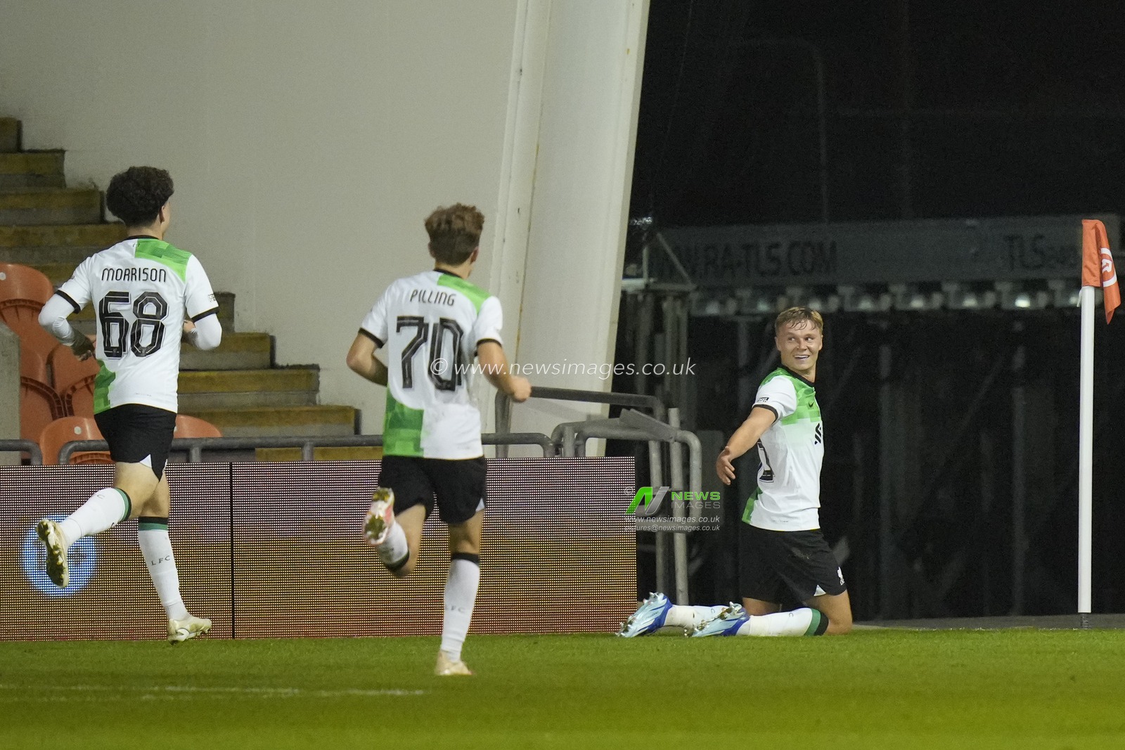 Paul Glatzel #55 of Liverpool celebrates scoring a goal to make it 0-1 during the EFL Trophy match Blackpool vs Liverpool U21 at Bloomfield Road, Blackpool, United Kingdom, 10th October 2023

(Photo by Steve Flynn/News Images)