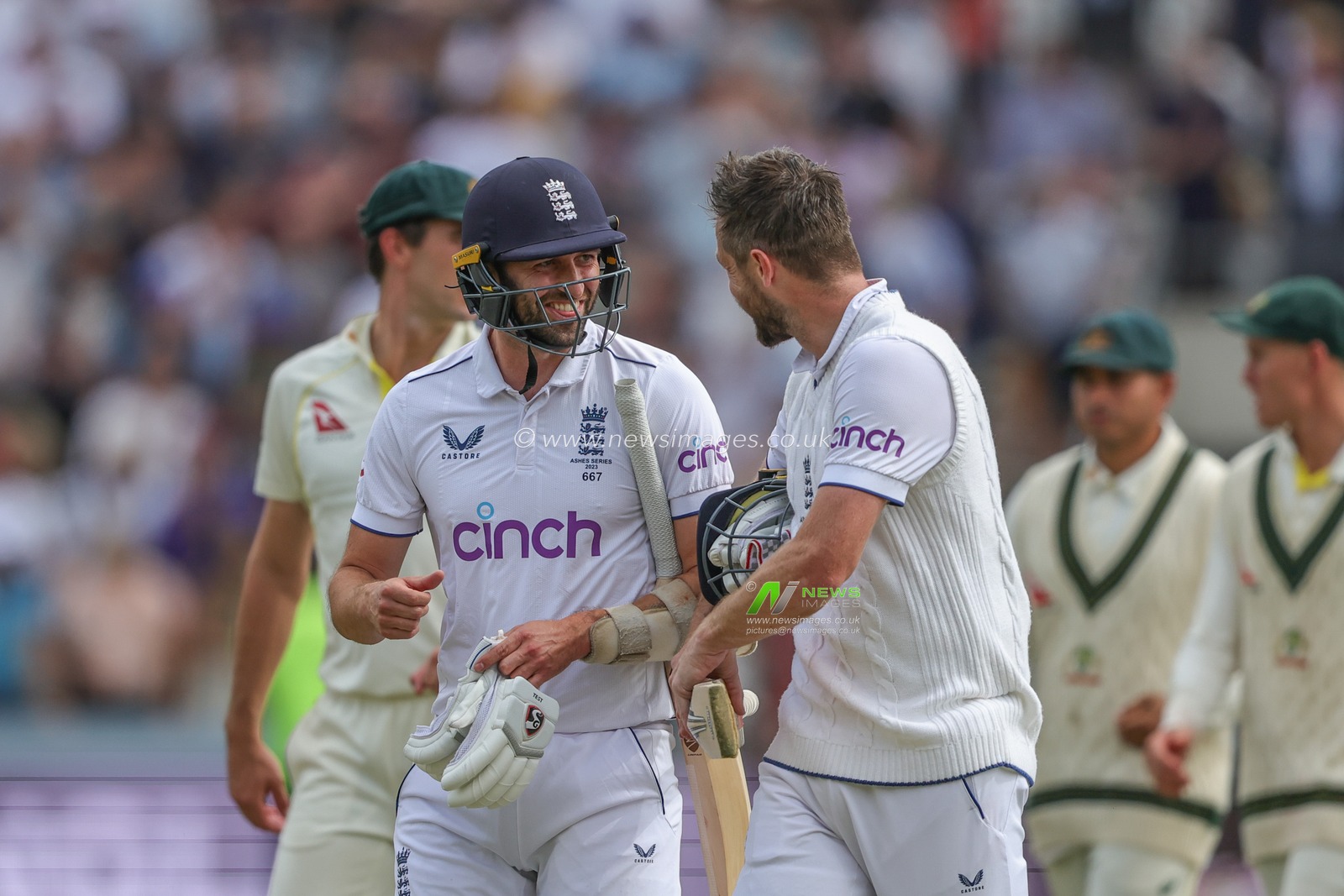 Chris Woakes of England and Mark Wood of England after the win during the LV= Insurance Ashes Third Test Series Day 4 England vs Australia at Headingley Stadium, Leeds, United Kingdom, 9th July 2023

(Photo by Mark Cosgrove/News Images)