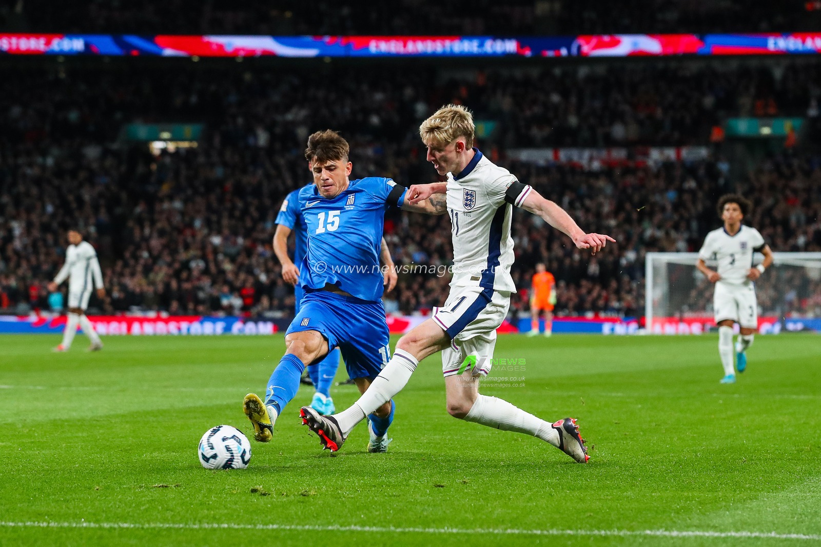 Lazaros Rota of Greece battles for the ball with Anthony Gordon of England during the UEFA Nations League - League B - Group B2 - match England vs Greece at Wembley Stadium, London, United Kingdom, 10th October 2024

(Photo by Gareth Evans/News Images)
