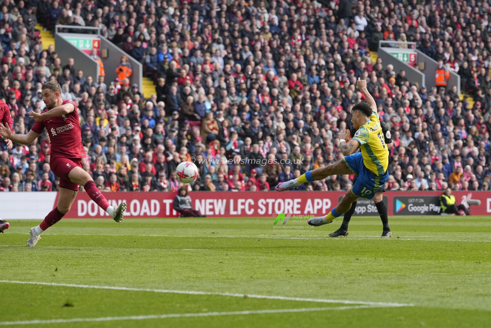 Morgan Gibbs-White #10 of Nottingham Forest scores a goal to make it 2-2 during the Premier League match Liverpool vs Nottingham Forest at Anfield, Liverpool, United Kingdom, 22nd April 2023

(Photo by Steve Flynn/News Images)