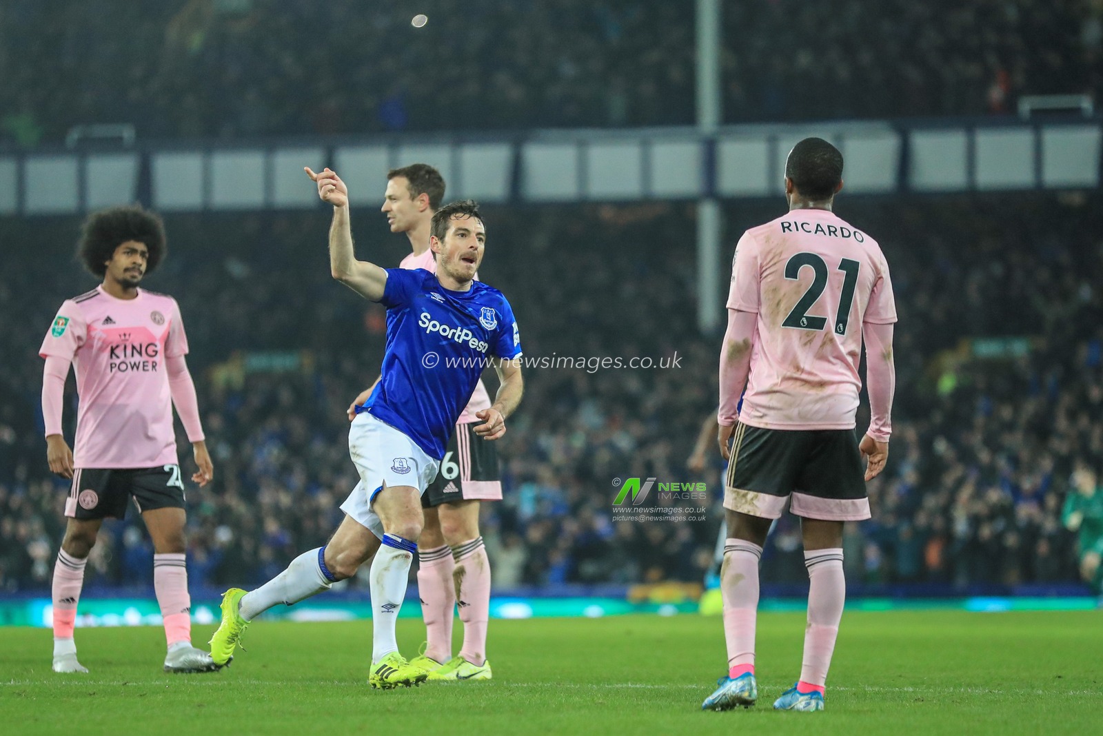 18th December 2019, Goodison Park, Liverpool, England; Carabao Cup, Everton v Leicester City : Leighton Baines (3) of Everton celebrates his goal to make it 2-2

Credit: Mark Cosgrove/News Images