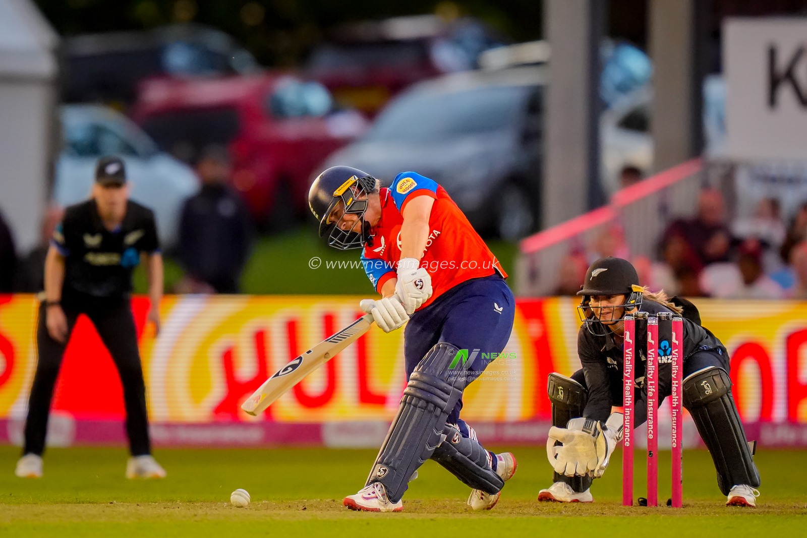 Alice Capsey of England hits the ball for four during the England Women v New Zealand 1st Vitality IT20 match at The Central Co-Op County Ground, Derby, United Kingdom on 20 May 2026

(Photo by Maynard Manyowa/News Images)