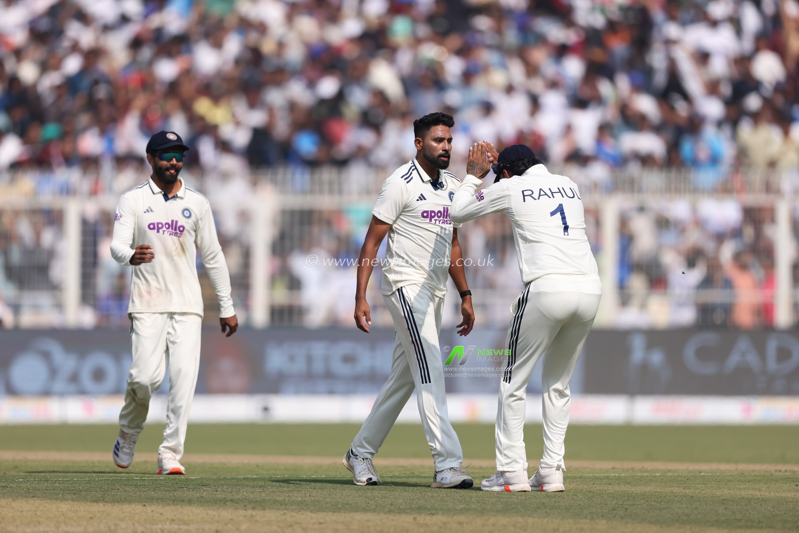 Mohammed Siraj of India , KL Rahul of India and Ravindra Jadeja of India during the IDFC First Bank Test Day 3 match India vs South Africa at Eden Gardens, Kolkata, India, 16th November 2025

(Photo by Shubhajit Roy Karmakar/News Images)