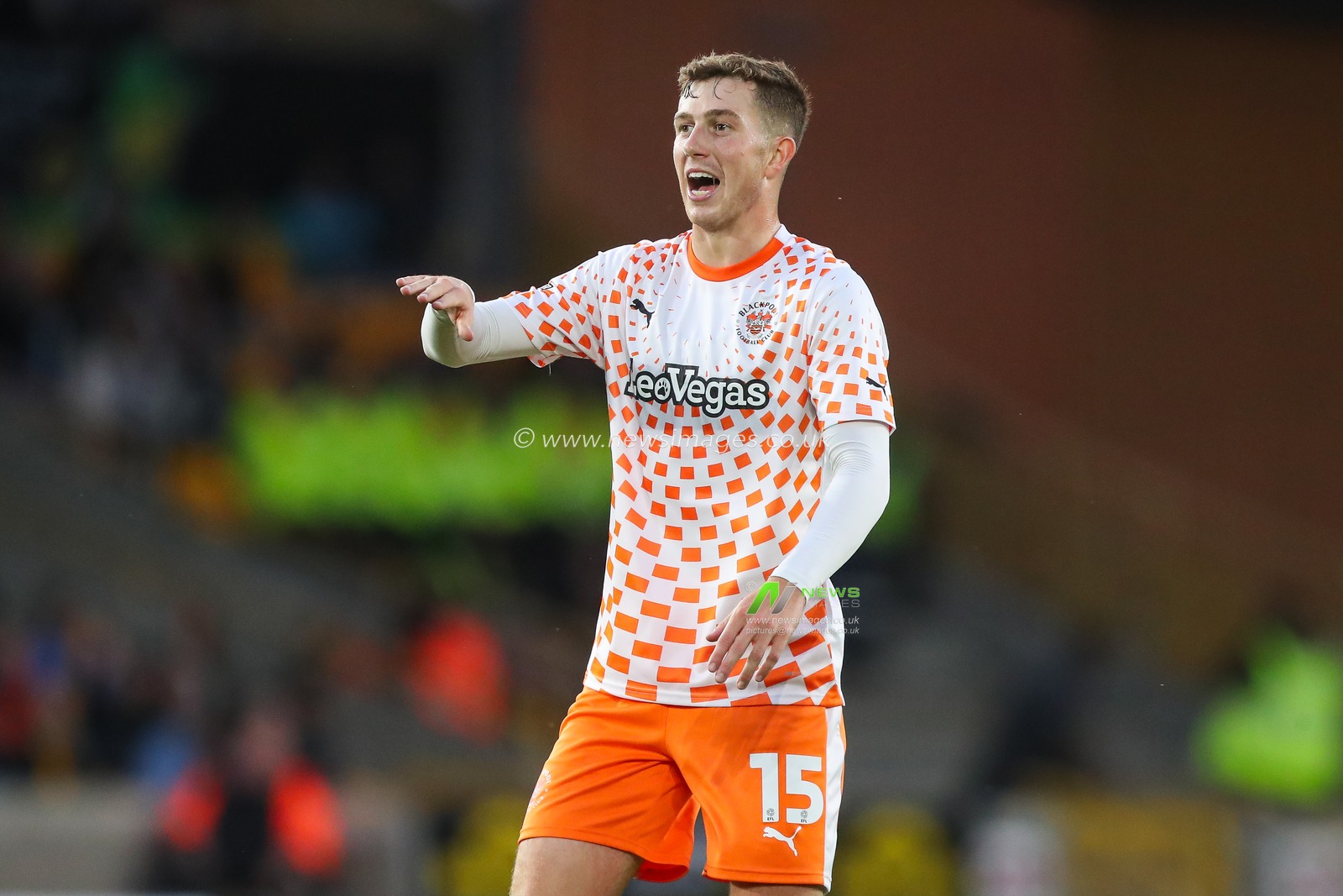 Jensen Weir #15 of Blackpool gives his team instructions during the Carabao Cup match Wolverhampton Wanderers vs Blackpool at Molineux, Wolverhampton, United Kingdom, 29th August 2023

(Photo by Gareth Evans/News Images)
