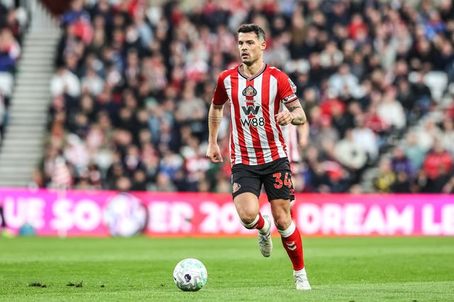 Granit Xhaka of Sunderland breaks with the ball during the Premier League match Sunderland vs Nottingham Forest at Stadium Of Light, Sunderland, United Kingdom on 24 April 2026

(Photo by Alfie Cosgrove/News Images)