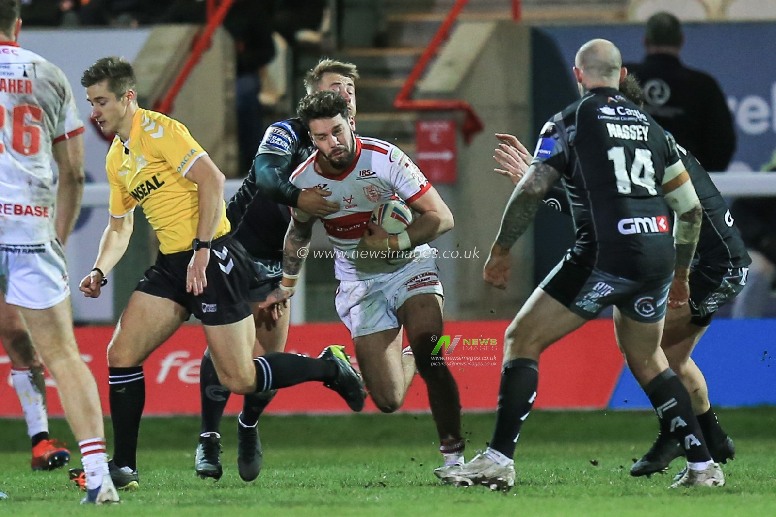 27th February 2020, Hull College Craven Park, Kingston upon Hull, England; Betfred Super League, Hull KR v Castleford Tigers : Will Dagger (19) of Hull KR is tackled by Danny Richardson (7) of Castleford Tigers