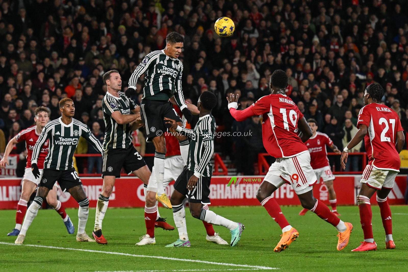 RaphaÃ«l Varane of Manchester United heads clear during the Premier League match Nottingham Forest vs Manchester United at City Ground, Nottingham, United Kingdom, 30th December 2023

(Photo by Craig Thomas/News Images)