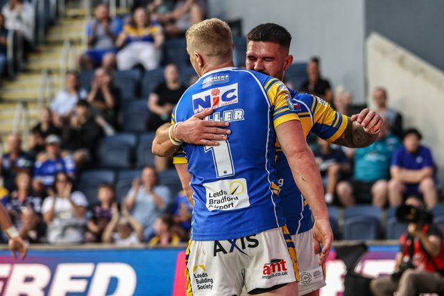 Lachlan Miller of Leeds Rhinos celebrates his try during the Betfred Super League round 19 match Leeds Rhinos vs Salford Red Devils at Headingley Stadium, Leeds, United Kingdom, 18th July 2025

(Photo by Alfie Cosgrove/News Images)