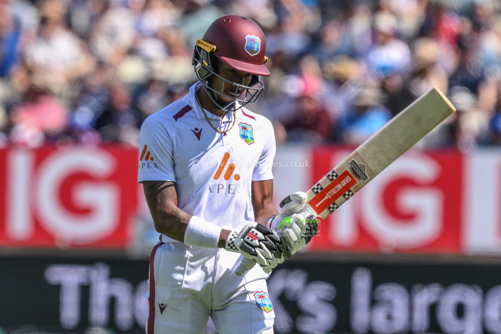 Alick Athanaze of West Indies leaves the field of play after being bowled out LBW by Shoaib Bashir of England during the 3rd Rothesay Test Match Day 3 England vs West Indies at Edgbaston, Birmingham, United Kingdom, 28th July 2024

(Photo by Craig Thomas/News Images)