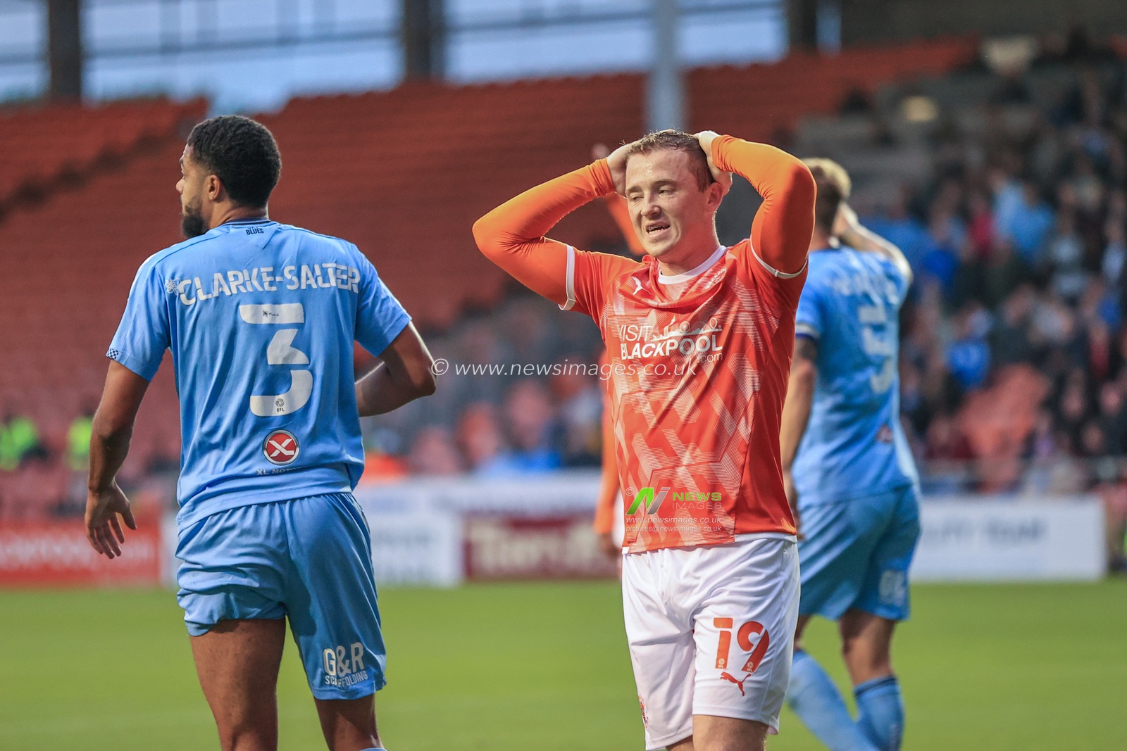 Shayne Lavery #19 of Blackpool reacts after his shot on goal is saved