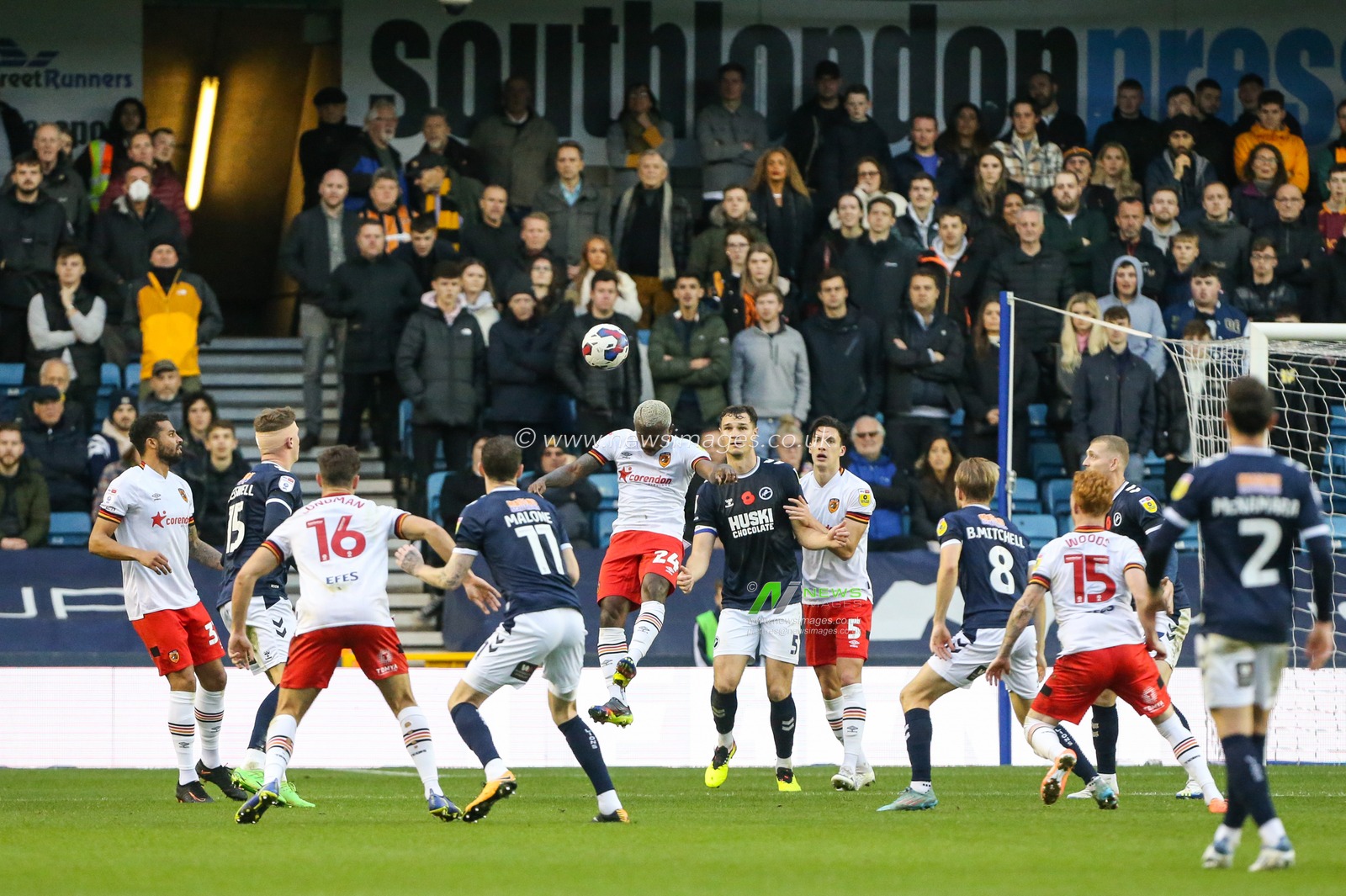 Jean MichaÃ«l Seri #24 of Hull City  heads clear during the Sky Bet Championship match Millwall vs Hull City at The Den, London, United Kingdom, 5th November 2022

(Photo by Arron Gent/News Images)