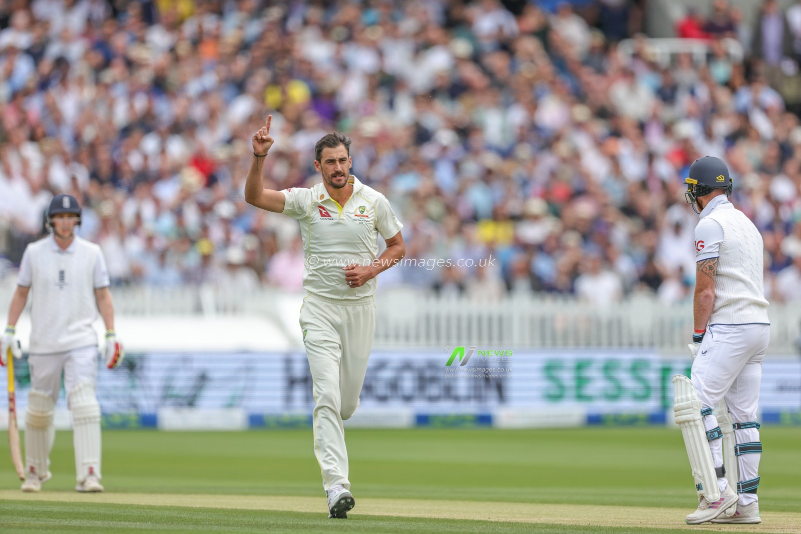 Mitchell Starc of Australia celebrates the wicket of Ben Stokes of England during the LV= Insurance Ashes Test Series Second Test Day 3 England v Australia at Lords, London, United Kingdom, 30th June 2023

(Photo by Mark Cosgrove/News Images)