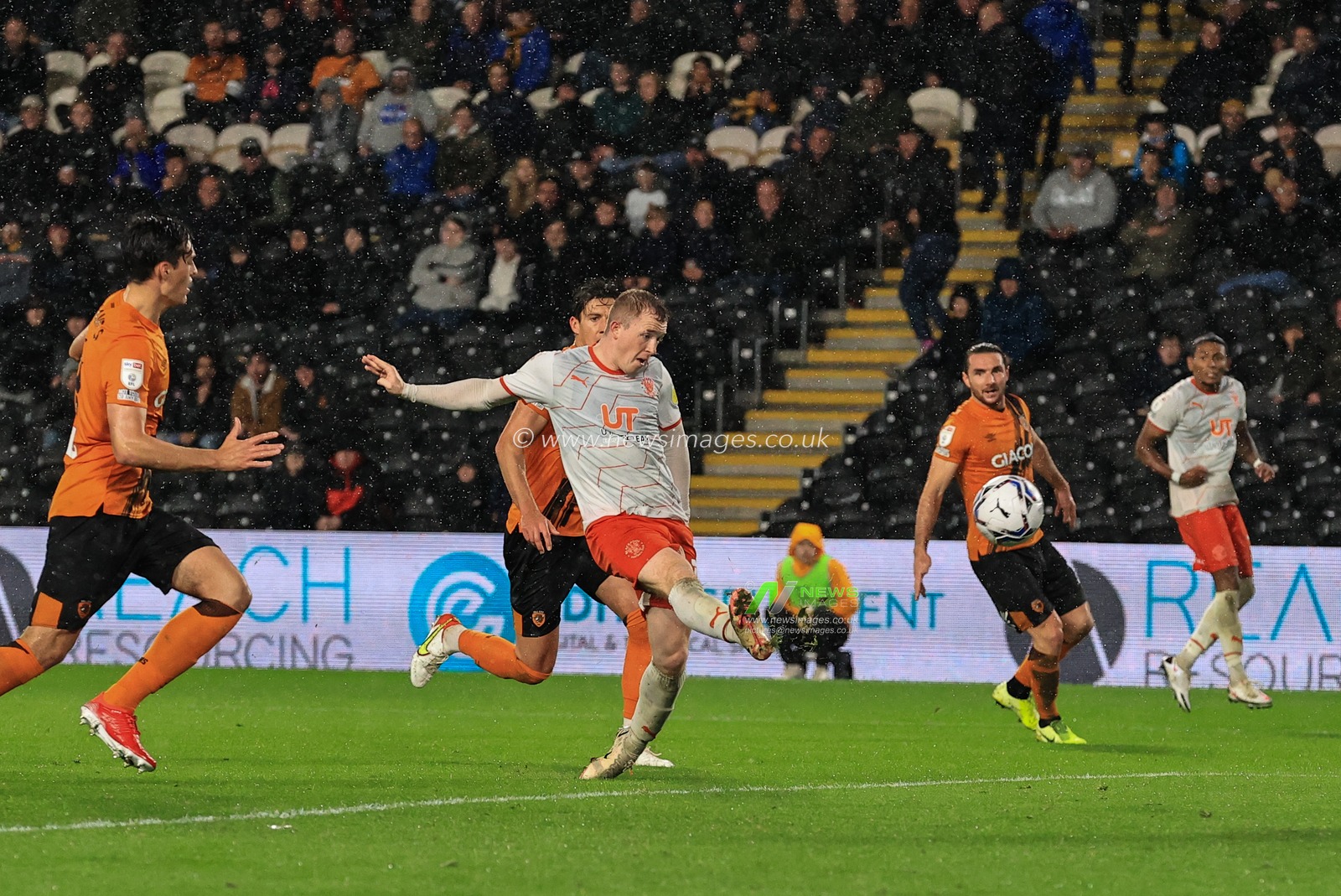 Shayne Lavery #19 of Blackpool scores to make it 0-1