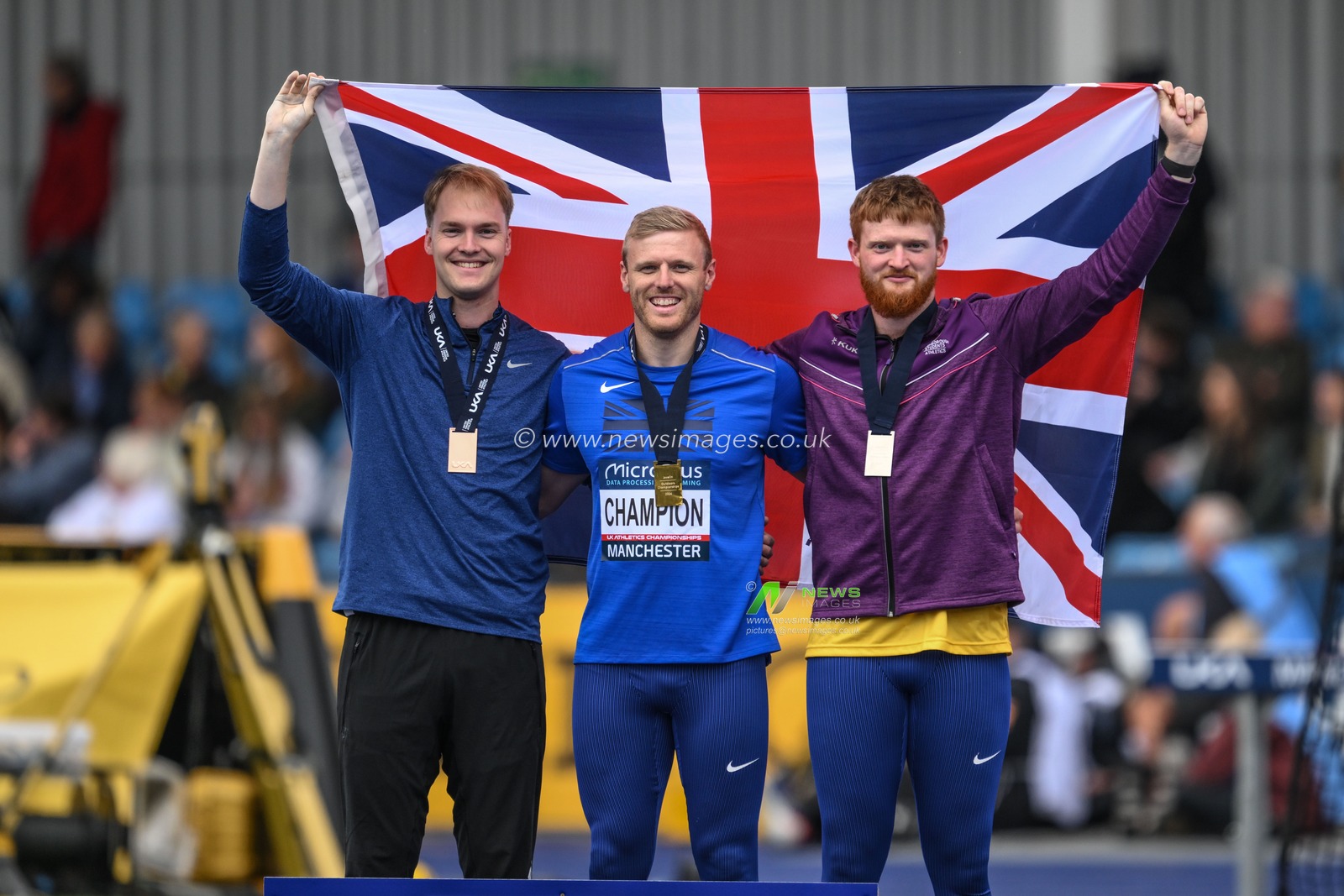 Medalists of the mens javelin during the Microplus UK Athletics Championships Day 2 at Manchester Regional Arena, Manchester, United Kingdom, 30th June 2024

(Photo by Craig Thomas/News Images)